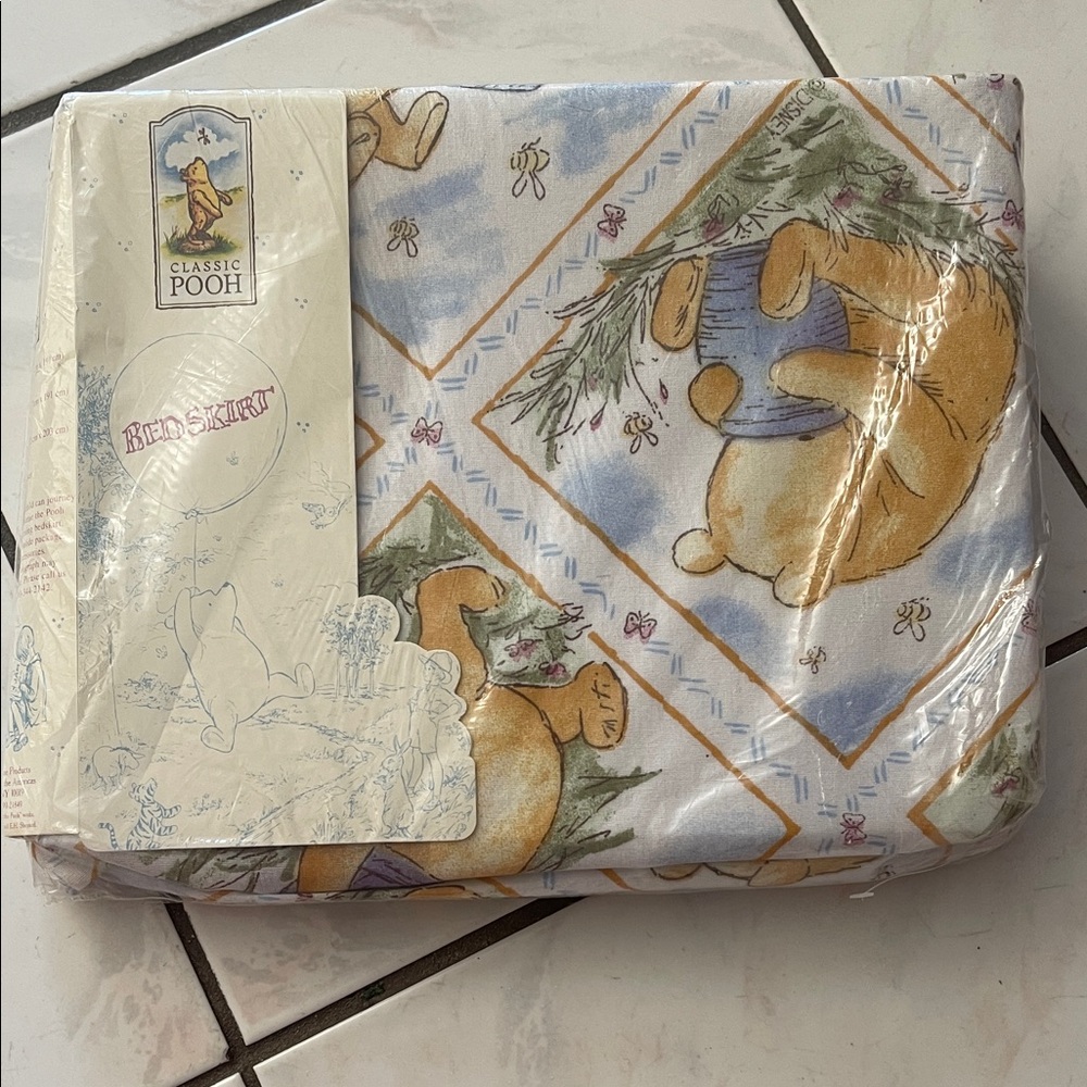 Disney Classic Pooh Mattress Cover - Blue and Gold Bed Skirt